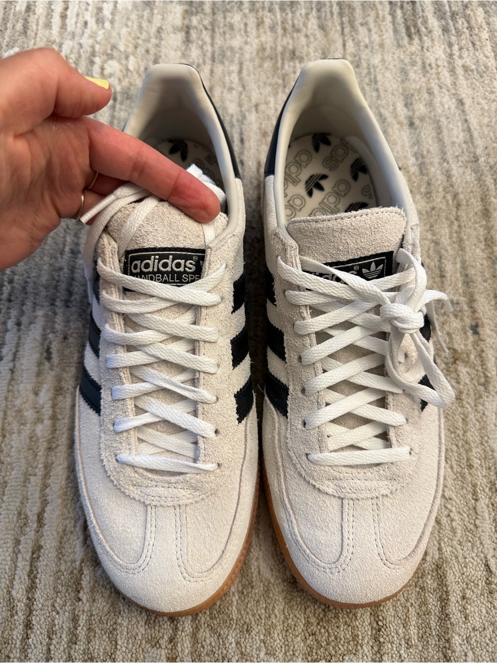 adidas Women’s White Suede Sneakers with Black Stripes and Gum Sole - Picture 6 of 7